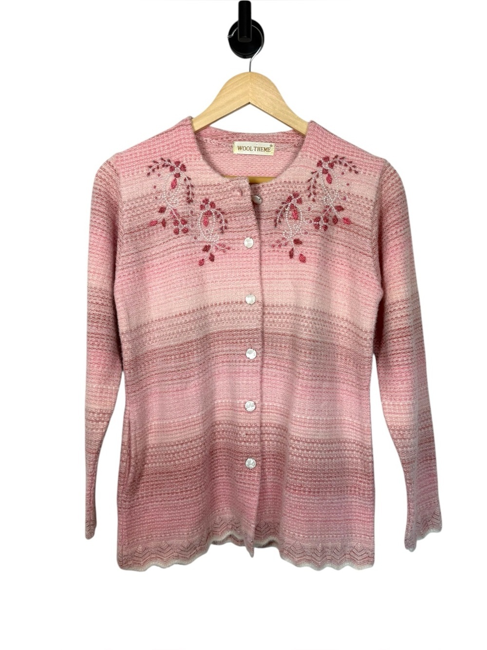 Wool Theme Embroidered Cardigan Sweater Womens Medium Pink Mother of Pearl